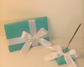 Blue Fabric Guest Book and Pen Holder: Wedding, Shower, Sweet 16