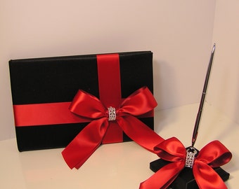 Wedding / Baby Shower / Quinceañera / Sweet 16 Guest  Guest Book and pen holder set Black and Red -made to order ,Custom Made