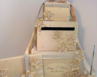 Wedding/Quinceañera/Sweet16 Card Box Sets, 3 tier Champagne Card Box,Guest book and Pen/Pen/Wedding card box holder-Customize your color