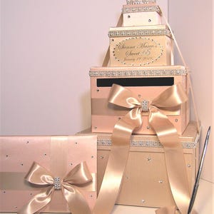 Quinceañera/Sweet 16/Birthday/Wedding Card Box 3 Sets,4 tier Rose Gold and Champagne Gift Card Box Guest Book and Pen/Pen Holder Customize