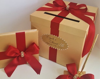 Wedding /Quinceañera/Sweet 16 Card Box 3 Sets,1 tier Gold Card Box Guest book & Pen/Pen Holder Gift Card Box Money Box -Customize your color