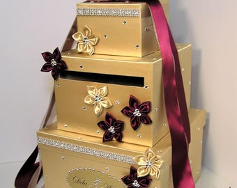 Wedding /Quinceañera/Sweet 16/Bat Mitzvah Card Box Gold  and Burgundy Gift Card Box Money Box Holder-Customize your color