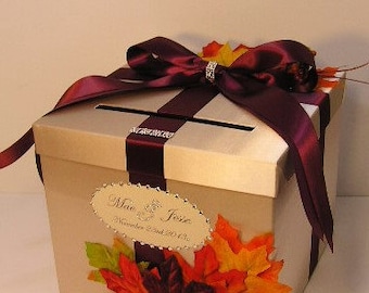 Wedding  Card Box Champagne and Wine/Burgundy Gift Card Box  Money Box Holder Fall -Customize/made to order (10x10x9)