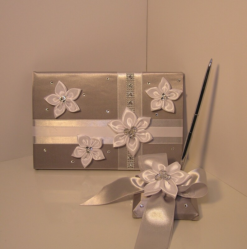 Wedding Guest Book and Pen Set Silver and White custom Etsy