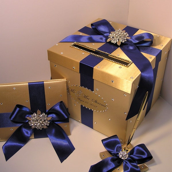 Wedding/Quinceañera/Sweet16 Card Box Sets,1 tier Gold and Royal Blue Card Box Guest book,Pen/Pen Holder Gift Box Holder-Customize your color