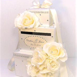 Ivory Wedding Card Box: Rhinestone Fabric Money Box