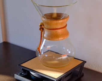 Modern Slanted Chemex Brewing Stand | Cork Lined | Filter Storage | 3-8 Cup Chemex | Minimalist Coffee Bar Accessory
