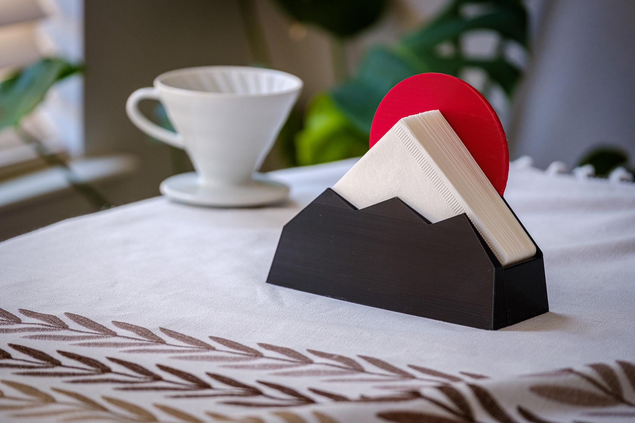 Mt Fuji Hario V60 Filter Holder Size 02 | 3D Printed Pour Over Coffee Filter Storage | Rising Sun Japan-Inspired Coffee Bar Organizer