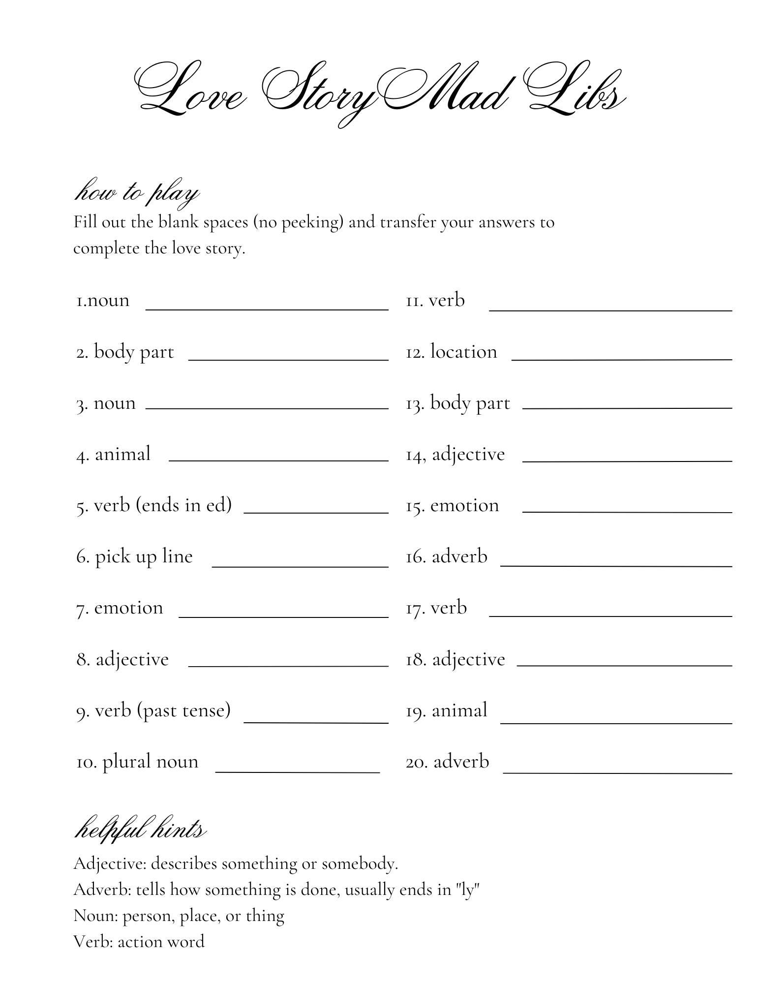 Love Story Mad Libs - Etsy