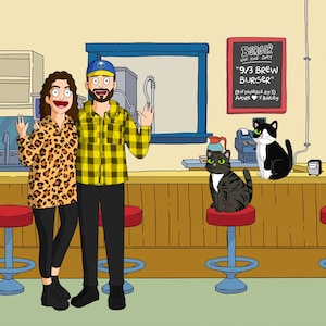 Bobs Burger Benutzerdefiniertes Cartoon-Porträt, Paar, lustige Familien-Porträt-Illustration, Jahrestag, Geburtstag, Valentinsgeschenk
