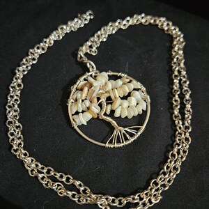 Peut inclure: Un collier en chaîne argentée avec un pendentif en forme d'arbre de vie en fil de fer. L'arbre est orné de coquillages irisés blancs et bruns.