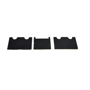 May include: Three black foam puzzle pieces, each with a different shape. The pieces are designed to fit together to create a larger shape.