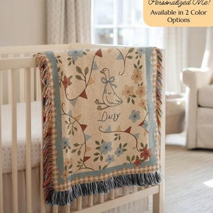 Personalized Cottagecore Goose Blanket Newborn Name Blanket Nursery Decor Baby Girl Gift Honey Blue