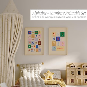 Juego de 2 impresiones del alfabeto para decoración de habitación infantil, arte de pared para aula Montessori, póster educativo con números 1 a 2, descarga digital