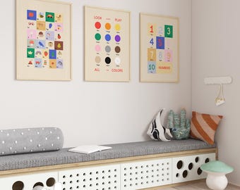 Alphabet Numbers and Colors Nursery Print Set | Modern Educational Posters (Digital Download)