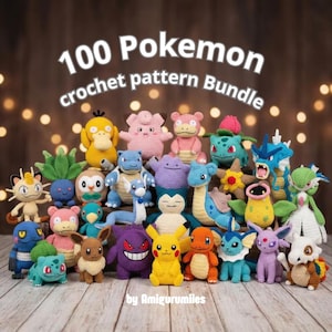 Peut inclure: Une collection de personnages Pokémon crochetés aux couleurs vives. L'image présente divers Pokémon, dont Pikachu et Bulbizarre, avec le texte "100 Pokemon crochet pattern Bundle" et le nom du créateur.