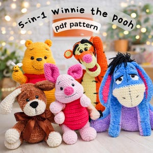 5-in-1 Winnie the Pooh Amigurumi Bundle – 5 Character Crochet Patterns PDF (Pooh, Piglet, Tigger, donkey, dog)