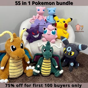 May include: A selection of handmade crochet Pokemon plush toys, including Pikachu, Dragonite, and Umbreon. The toys are in various colours, such as yellow, pink, blue, and green. The text "55 in 1 Pokemon bundle" is at the top of the image.