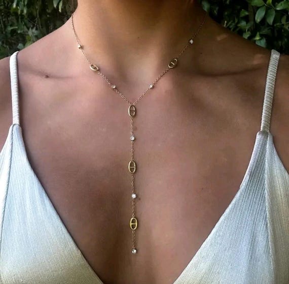 Collier maille marine long - Acier Inoxydable doré ou argent - Collier Y - Collier cravate - Collier femme