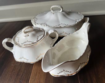 Homer Laughlin semi-porcelain Casserole dish, Sugar dish, Gravy boat in the Hudson pattern