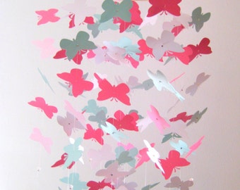 Pink Green and White Butterfly Nursery Mobile