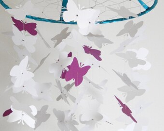 Butterfly Nursery Mobile White, Teal & Fuchsia