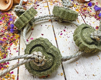 May include: A green, heart-shaped, and round dog chew toy made of pressed grass is tied to a natural rope. The toy is on a white wooden surface with dried flower petals scattered around it.