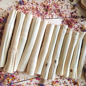 Pu&ograve; includere: Una collezione di bastoncini di bamb&ugrave; cilindrici beige chiaro, disposti diagonalmente su una superficie di legno bianco. I bastoncini hanno un aspetto naturale e strutturato con nodi e creste visibili. Petali di fiori secchi nei toni del rosa, viola e giallo sono sparsi.