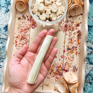 Pu&ograve; includere: Un vassoio di legno chiaro contiene un barattolo di vetro trasparente pieno di piccoli pezzi di legno cilindrici. Una mano tiene un singolo pezzo di legno strutturato, verde chiaro. Piccoli cucchiai di legno e petali di fiori secchi sono sparsi.