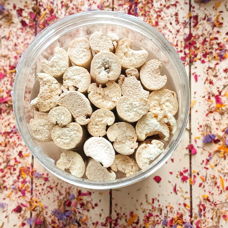 Pu&ograve; includere: Un barattolo di vetro trasparente pieno di oggetti cilindrici beige dalle forme irregolari. Gli oggetti hanno un aspetto strutturato e poroso. Il barattolo &egrave; su una superficie di legno chiaro cosparsa di petali di fiori secchi colorati.
