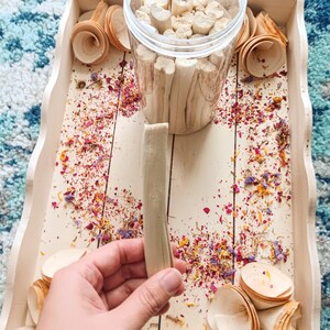 Pu&ograve; includere: Un vassoio di legno contiene un barattolo di plastica trasparente pieno di bastoncini beige. Il vassoio contiene anche pezzi di legno a forma di cono e petali di fiori secchi sparsi. Un bastoncino beige &egrave; tenuto in mano.