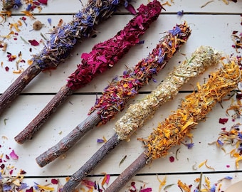 Golosina gourmet en forma de palito de manzana: Mezcla floral de forraje para mascotas pequeñas