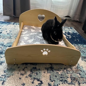 Wooden Pet Bed for Small Dogs Cats Rabbits, Heart and Bunny Sheets, Paw Cutout Pet Bed, Cat Bed, Small Pet Furniture | Washable Pet Lounger
