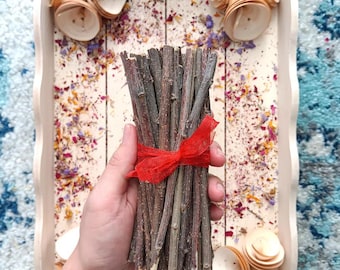 Palitos masticables de madera de manzano orgánico de 15 cm. Diseñados específicamente para conejos, jerbos, hámsteres y cobayas.