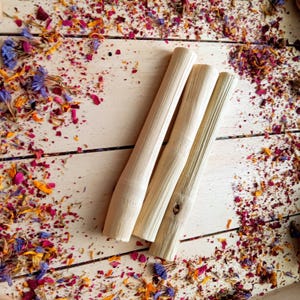 Pu&ograve; includere: Tre bastoncini cilindrici di legno di colore chiaro sono disposti diagonalmente su una superficie di legno chiaro. La superficie &egrave; leggermente cosparsa di petali di fiori secchi colorati nelle tonalit&agrave; del rosso, rosa, arancione e blu. I bastoncini sembrano essere di bamb&ugrave;.