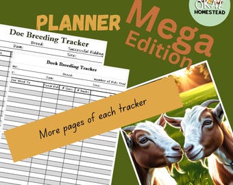 Könnte beinhalten: Ein druckbarer Ziegenzuchtplaner mit zwei Seiten, eine für die Ziegenzucht und eine für die Bockzucht. Der Planer hat einen Titel, der "Goat Breeding Planner Mega Edition" lautet und ein Bild von zwei Ziegen auf einer Weide zeigt.