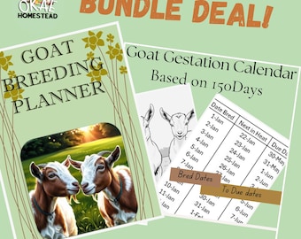 May include: A printable goat breeding planner and gestation calendar. The planner features a green background with a goat illustration and the text "Goat Breeding Planner". The calendar features a black and white goat illustration and a table with dates for breeding and due dates.