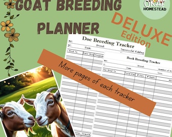 Könnte beinhalten: Ein druckbarer Ziegenzuchtplaner mit einer Illustration einer braunen und weißen Ziege. Der Planer enthält Abschnitte für Ziegen- und Bockzucht-Tracker mit Spalten für Rasse, Muttertier, Deckdatum, Trächtigkeit und erfolgreiche Geburt.