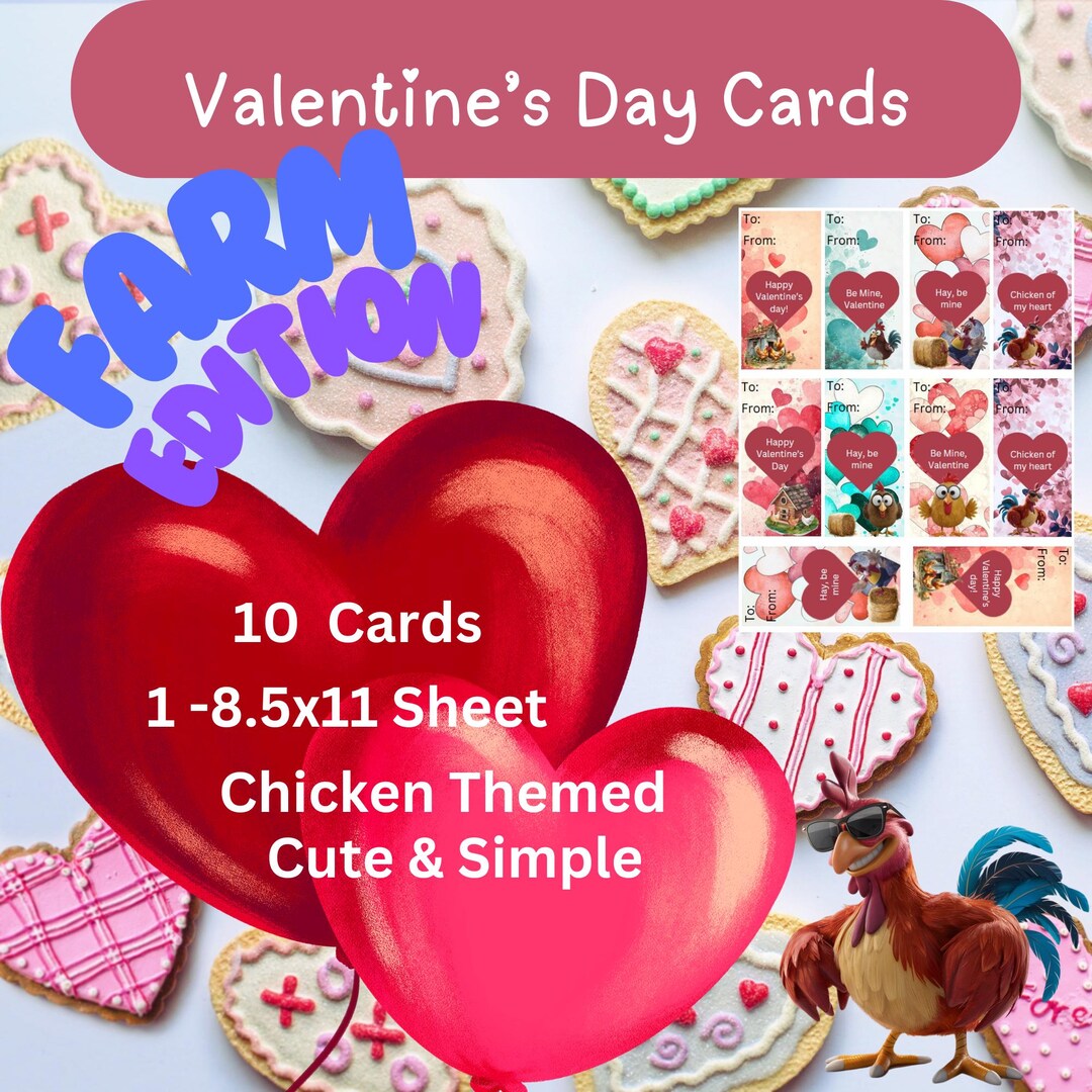 Valentine's Day Cards -chicken Themed - Farm Animal - PDF - Printable ...