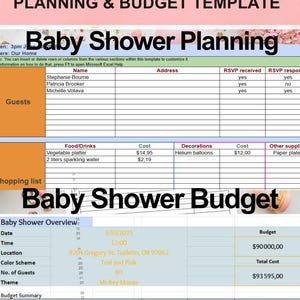 Peut inclure: Un modèle de planification et de budget pour une baby shower. Il comprend des sections pour les invités, la nourriture et les détails du budget. Le thème est Mickey Mouse, avec une palette de couleurs turquoise et rose. La date est le 10/05/2025.