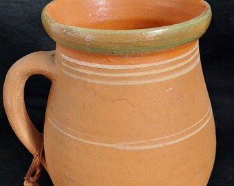 Hungarian Terracotta Pottery Jug Vase with Green Glazed Lip