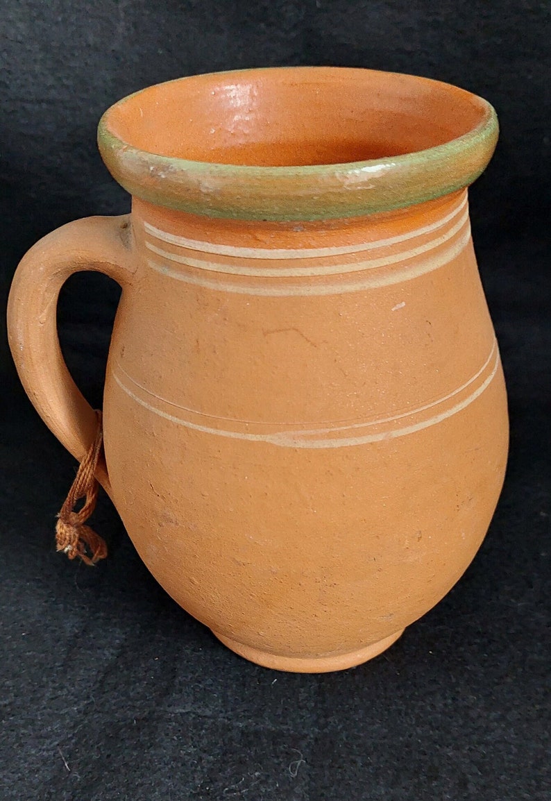 Hungarian Terracotta Pottery Jug Vase with Green Glazed Lip image 1