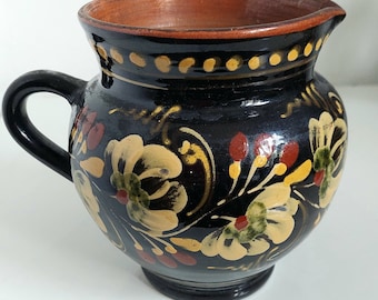 Hungarian Large Vintage Slipglaze Pottery Jug with Honeysuckle Decoration