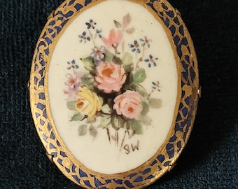 Antique Edwardian Porcelain Floral Brooch Signed by the Artist