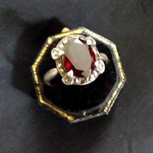 Op de afbeelding: Een zilveren ring met een centrale ovaal geslepen dieprode granaat edelsteen. De steen zit in een klauwzetting omringd door een decoratieve metalen rand. De ring wordt gepresenteerd in een zwart achthoekig doosje met een donkere fluwelen voering.