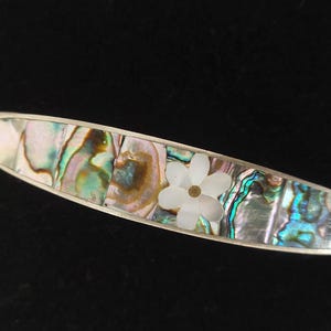 Vintage Mother of Pearl Floral Hair Barrettes Red Green Abalone Set 2 Mother of Pearl Flower Barrette, Teal Blue Enamel and Shell  main image 4