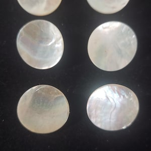 Könnte beinhalten: Sechs schillernde, runde Perlmuttstücke. Die Muscheln haben einen perlmuttartigen Glanz mit subtilen Farbvariationen. Die Stücke sind auf einer dunklen Oberfläche angeordnet, was ihre natürliche Schönheit hervorhebt. Ideal für Schmuckherstellung oder Bastelprojekte.