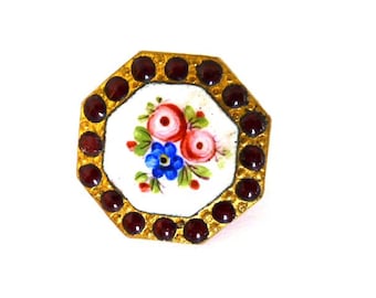 Floral Enamel Small Button With Garnet Paste Frame