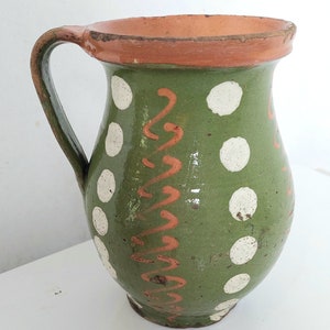 Large Green Pottery Slip Glazed Hungarian Jug Pitcher Vase (H. 7 inches)