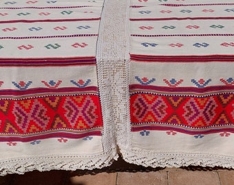 Folk Art Hand Woven Linen and Cotton Crocheted Lace Tablecloth